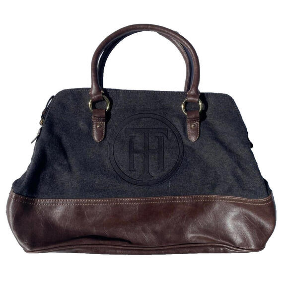 Tommy Hilfiger Handbags - Tommy Hilfiger Monogram Handbag Satchel Leather Handles Gray Flannel Wool Feel